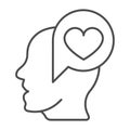 Man half face, head and heart in dialogue box thin line icon, dating concept, love messege vector sign on white