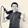 Man with hammer drill in hands. Royalty Free Stock Photo