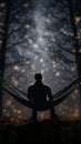 Man on a hammock, in a dreamy misty forest with dark trees. Magical fairytale ambience with lights and sparkles. Generative AI