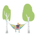 Man in hammock in forest camp or garden, flat vector illustration isolated.