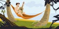 Man in hammock plays guitar. Illustration for internet and mobile website Royalty Free Stock Photo