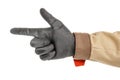 Man hand in black protective glove and brown uniform showing gun gesture isolated on white background Royalty Free Stock Photo