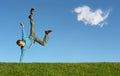 Man on hand on blue sky