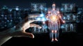 Man hand using digital x-ray human body holographic scan projection 3D rendering Royalty Free Stock Photo