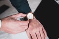 man hand clock on computer keyboard background. Royalty Free Stock Photo