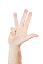 Man, hand and closeup on number four in n studio for countdown, gesture or signal on white background. Hand, guy and