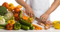 Man hand cook cut chicken meat chicken breast and salad on ki Royalty Free Stock Photo