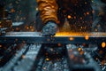 Man hand with Cutting steel machine in factory