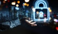 Man hand using digital web protection blue holographic interface 3D rendering Royalty Free Stock Photo