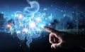Man hand using digital x-ray of human intestine holographic scan projection 3D rendering Royalty Free Stock Photo