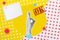 Man hand doing ok gesture on a whiteb and yellow background with red and white polka dots Royalty Free Stock Photo