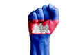 Man hand fist of CAMBODIA flag painted. Close-up.