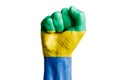 Man hand fist of GABON flag painted. Close-up.