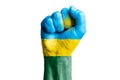 Man hand fist of RWANDA flag painted. Close-up.