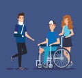 Man with hand fracture and person sitting in the wheelchair