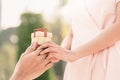 Man hand give a little gift box to woman Royalty Free Stock Photo