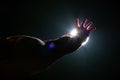 Man Hand grab reach Sun light as hope, future, light at end of tunnel Royalty Free Stock Photo