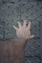 Man hand grabbing a metallic fence