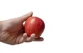 Man hand hold one red apple fruit on isolated white background Royalty Free Stock Photo