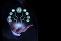 man hand holding Artificial Intelligence with Digital circuit board tree algorithm Technology Analysis. AI technology for advance Royalty Free Stock Photo