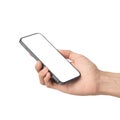Man hand holding the black smartphone with blank screen isolated on white background with clipping path Royalty Free Stock Photo