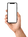 Man hand holding the black smartphone frameless with big blank screen and modern frame less design