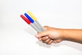 Man hand holding the colorful marker pen Royalty Free Stock Photo