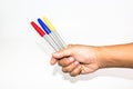 Man hand holding the colorful marker pen Royalty Free Stock Photo