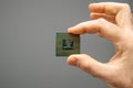 Man hand holding CPU Central processing unit gray background Royalty Free Stock Photo