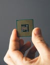 Man hand holding CPU Central processing unit gray background Royalty Free Stock Photo