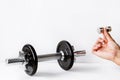 Man hand holding dumbbell Exercise for good health. backdrop for idea concept art work design or add text message Royalty Free Stock Photo