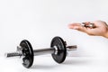Man hand holding dumbbell Exercise for good health. backdrop for idea concept art work design or add text message Royalty Free Stock Photo