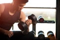 Man hand holding dumbbell exercise in gym. Fitness muscular body Royalty Free Stock Photo