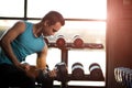 Man hand holding dumbbell exercise in gym. Fitness muscular body Royalty Free Stock Photo