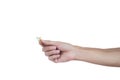 A man hand holding elastic rubber band on white background. Rubber band used to tie the goods. Or used to close the plastic bag.