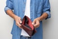 Man hand holding empty wallet on white background Royalty Free Stock Photo