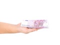 Man hand holding five hundred euro bills. Royalty Free Stock Photo