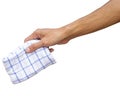 Man hand holding handkerchief or Table wipes isolated on white.
