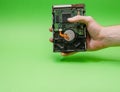 Man hand holding 3.5 HDD on green background. Mining on hard disk drive concept Royalty Free Stock Photo