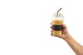Man hand holding the iced coffee isolated on white background,clipping path Royalty Free Stock Photo