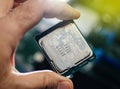 Man hand holding latest intel Xeon E5-2687w v4 CPU