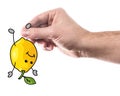 Man hand holding lemon. Photo and color flat illustration