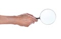 Man hand holding magnifying glass isolated on white Royalty Free Stock Photo