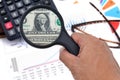 Man hand holding magnifying glass to see US dollar banknotes on spreadsheet and charts graphs paper. Royalty Free Stock Photo