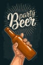 Man hand holding open beer bottle. Beer party calligraphic lettering. Royalty Free Stock Photo