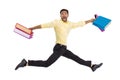 A man in a hand holding a paper bag, shopping, jumping, isolated on the white background Royalty Free Stock Photo