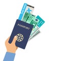 Man hand holding passport, air ticket and money Royalty Free Stock Photo