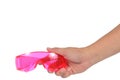 Man hand holding pink Safety Glass Ultra violet protection isola Royalty Free Stock Photo