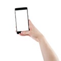 Man hand holding smartphone with white screen isolated on white background Royalty Free Stock Photo
