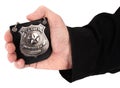 Man hand is holding special police badge Royalty Free Stock Photo